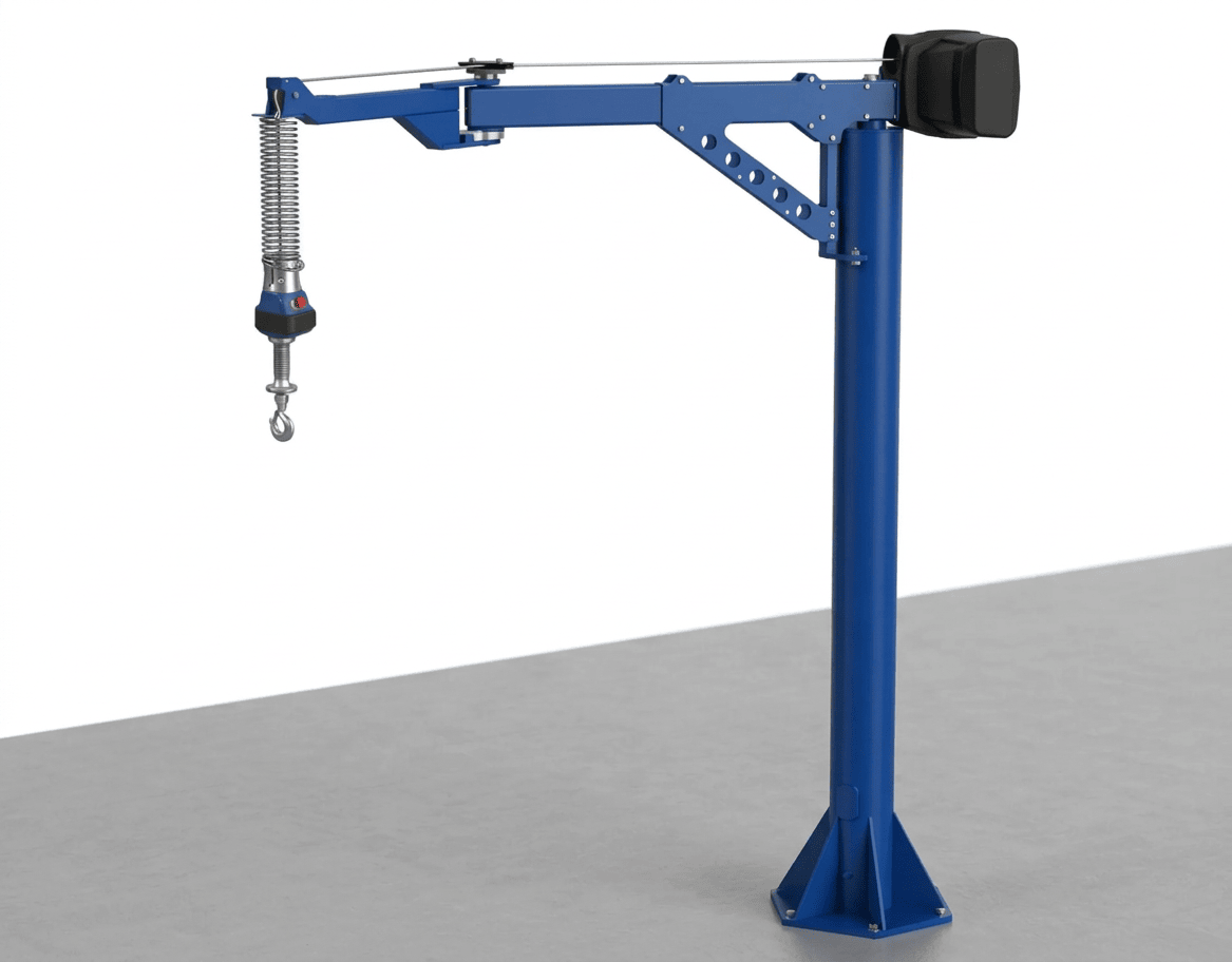Ergonomic jib crane and manipulator positioning a heavy part at a workstation